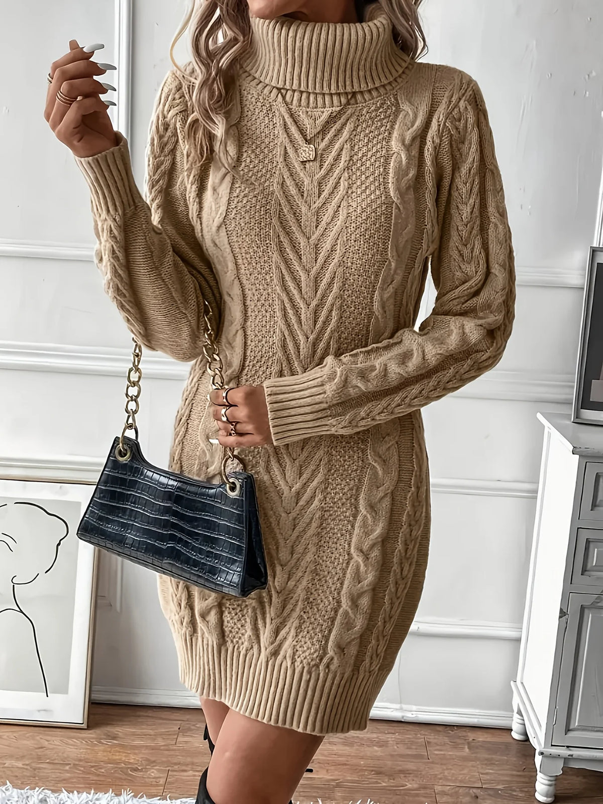 Women's khaki cable Knit Sweater Dress, Knee-Length for Winter