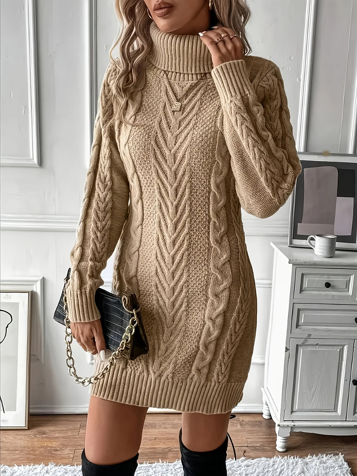 Women's khaki cable Knit Sweater Dress, Knee-Length for Winter