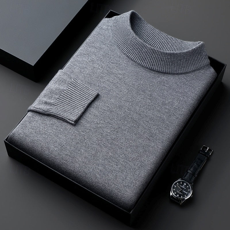 Men's gray ribbed mock neck sweater with dropped shoulders