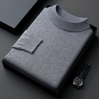Men's gray ribbed mock neck sweater with dropped shoulders