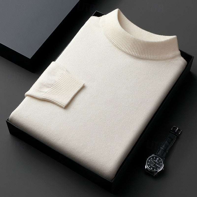Men's beige ribbed mock neck sweater with dropped shoulders