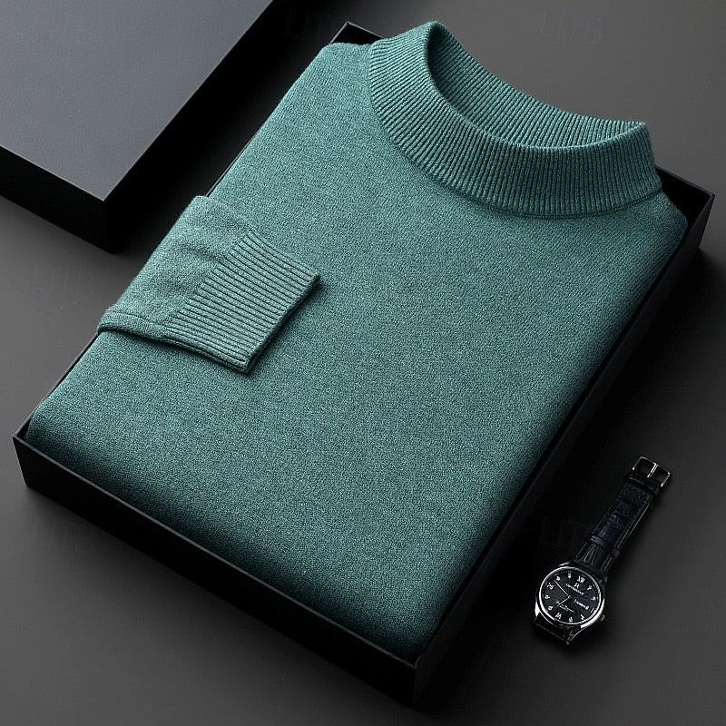 Men's green ribbed mock neck sweater with dropped shoulders