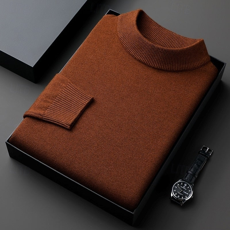 Men's brown ribbed mock neck sweater with dropped shoulders