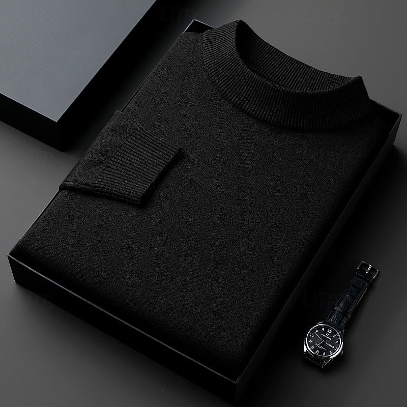 Men's black ribbed mock neck sweater with dropped shoulders
