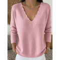 Women's pink scalloped v-neck ribbed knit sweater