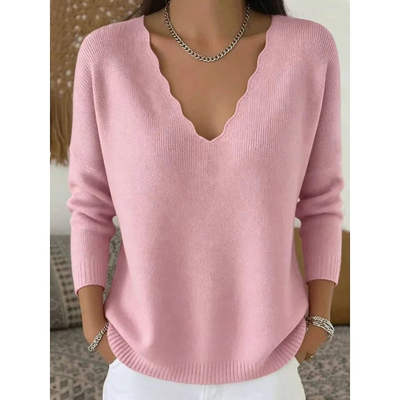 Women's pink scalloped v-neck ribbed knit sweater