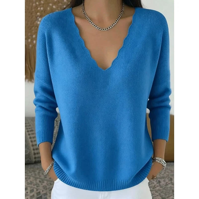 Women's royal blue scalloped v-neck sweater, ribbed knit