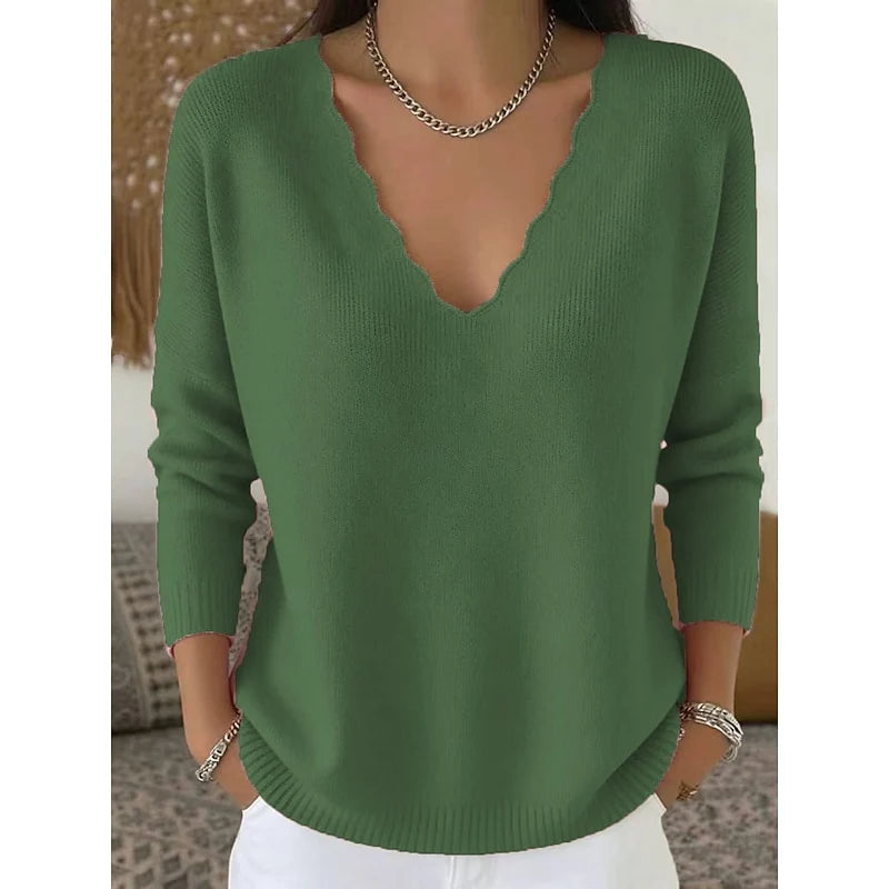 Women's military green scalloped v-neck knit sweater