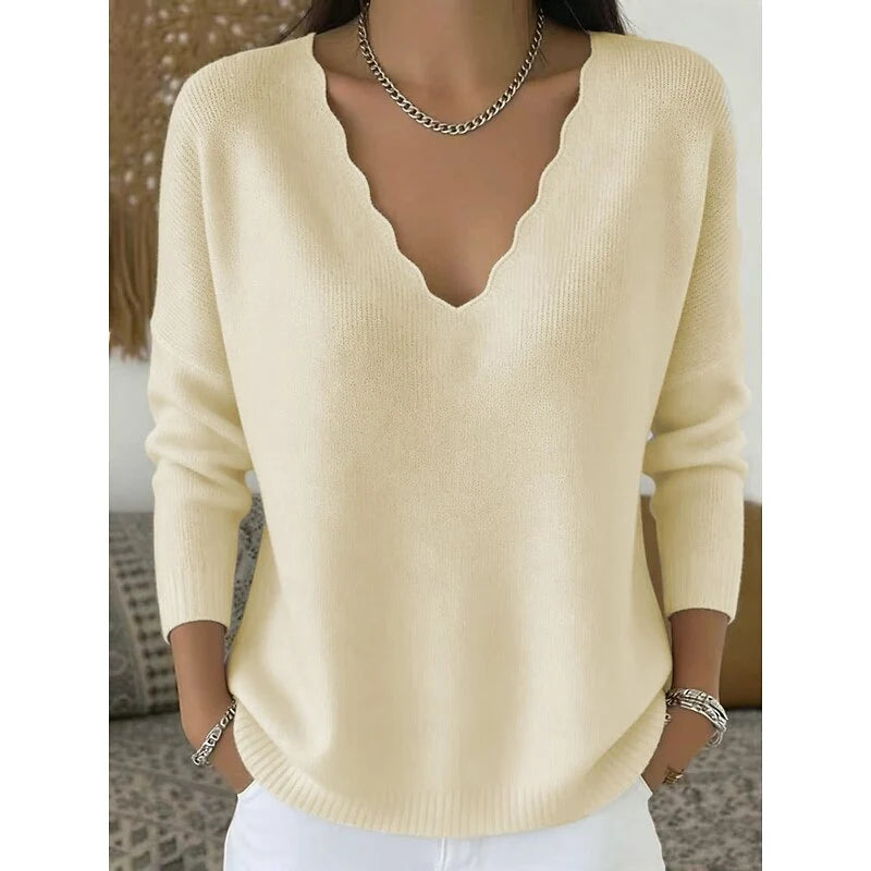 Women's apricot scalloped v-neck ribbed knit sweater