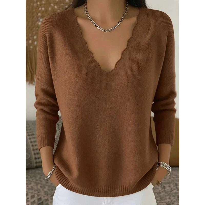 Women's dark brown scalloped v-neck knit sweater