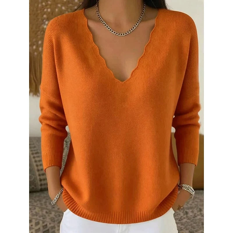 Women's coral scalloped v-neck ribbed knit sweater