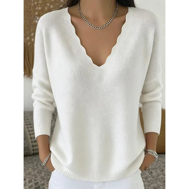 Women's white scalloped v-neck ribbed knit sweater