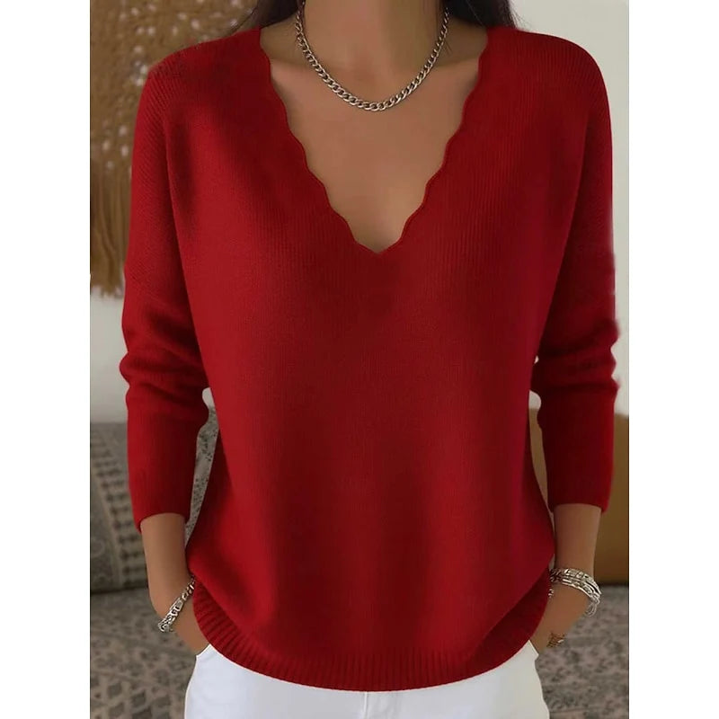Women's red scalloped v-neck ribbed knit sweater