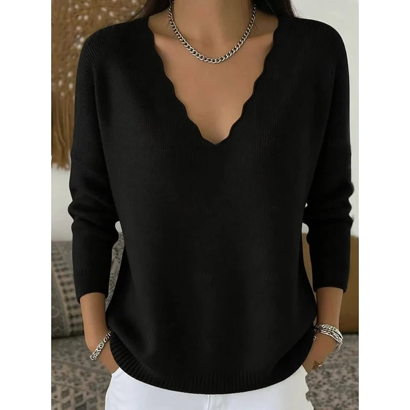 Women's black scalloped v-neck ribbed knit sweater
