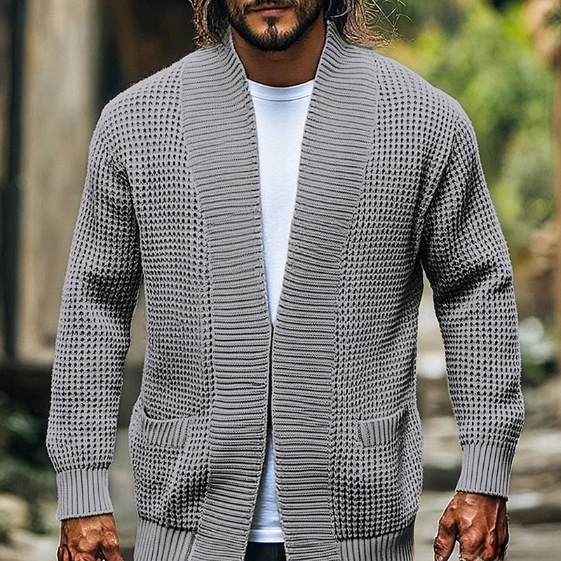 Men's light gray textured Open-Front Cardigan with Hip Pockets