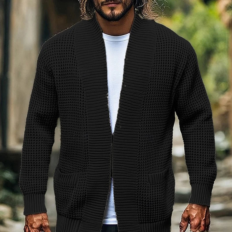 Men's black textured Open-Front Cardigan with Hip Pockets