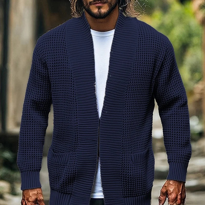 Men's blue textured Open-Front Cardigan with Hip Pockets