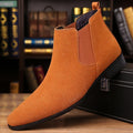 Men's red brown slip-on ankle chelsea boots, with elastic side panels