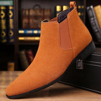 Men's red brown slip-on ankle chelsea boots, with elastic side panels