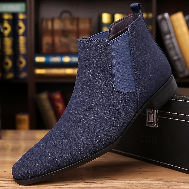 Men's blue slip-on ankle chelsea boots, with elastic side panels
