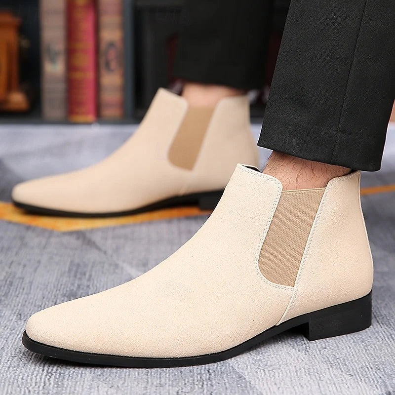 Men's blue slip-on ankle chelsea boots, with elastic side panels