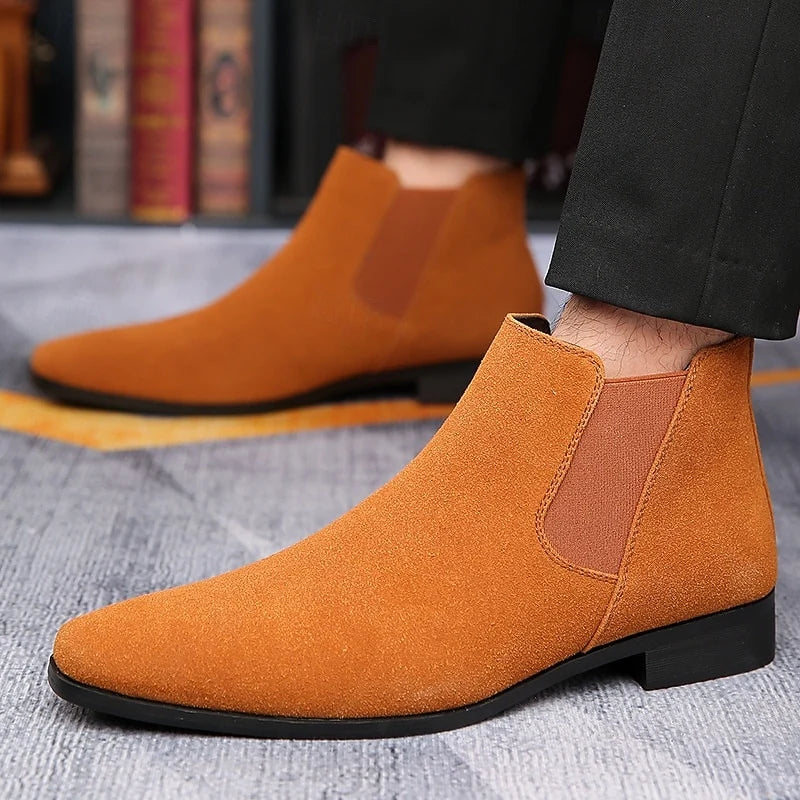 Men's blue slip-on ankle chelsea boots, with elastic side panels