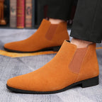 Men's blue slip-on ankle chelsea boots, with elastic side panels