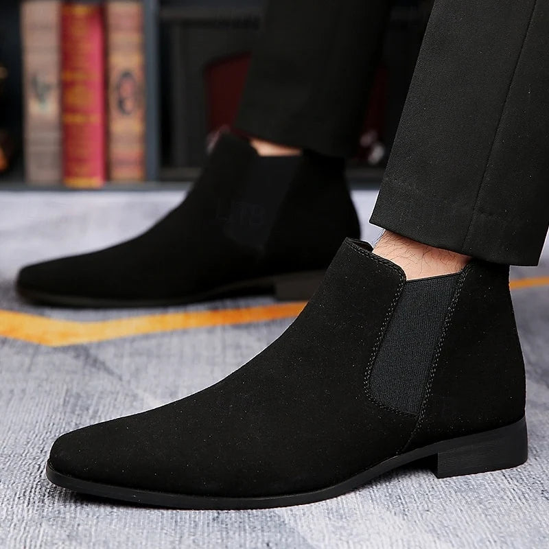 Men's blue slip-on ankle chelsea boots, with elastic side panels