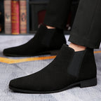 Men's blue slip-on ankle chelsea boots, with elastic side panels