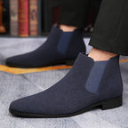 Men's blue slip-on ankle chelsea boots, with elastic side panels