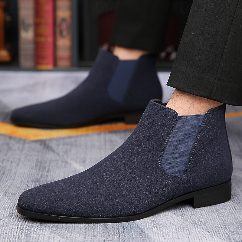 Men's blue slip-on ankle chelsea boots, with elastic side panels
