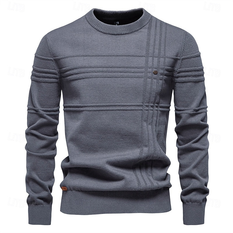 Men's dark gray striped crewneck sweater with ribbed detail