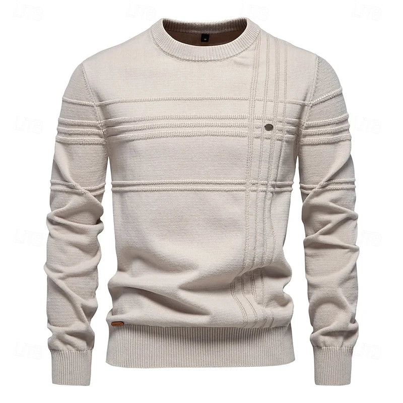 Men's beige striped crewneck sweater with ribbed detail
