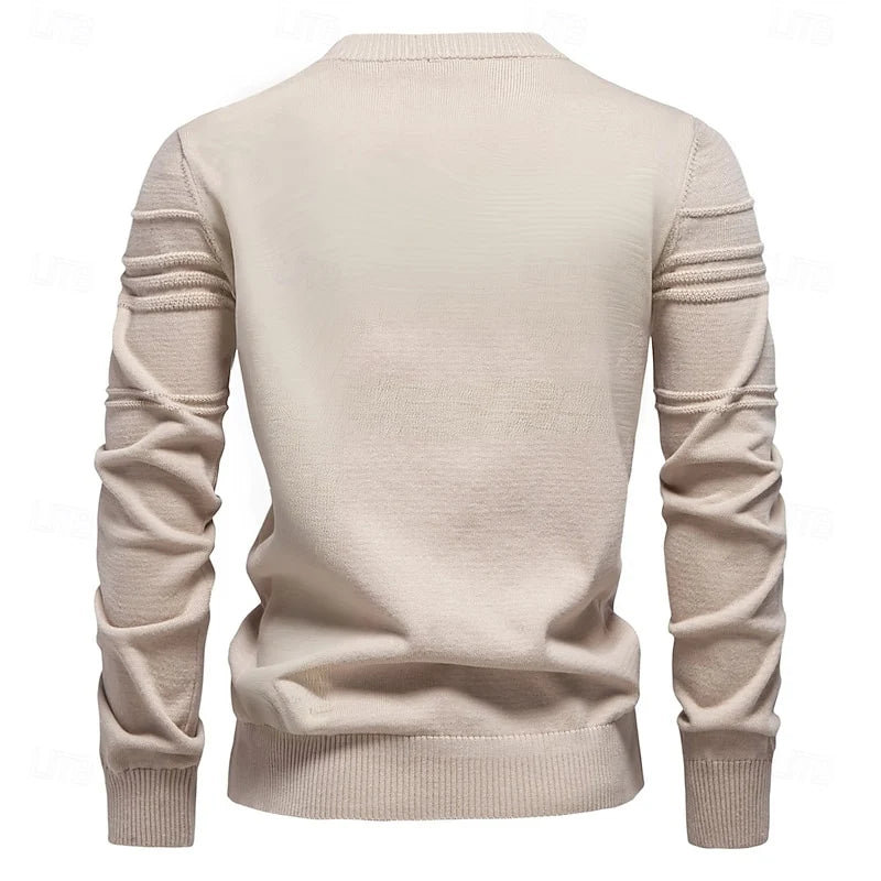 Men's beige striped crewneck sweater, back view of ribbed knit