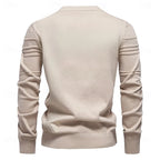 Men's beige striped crewneck sweater, back view of ribbed knit