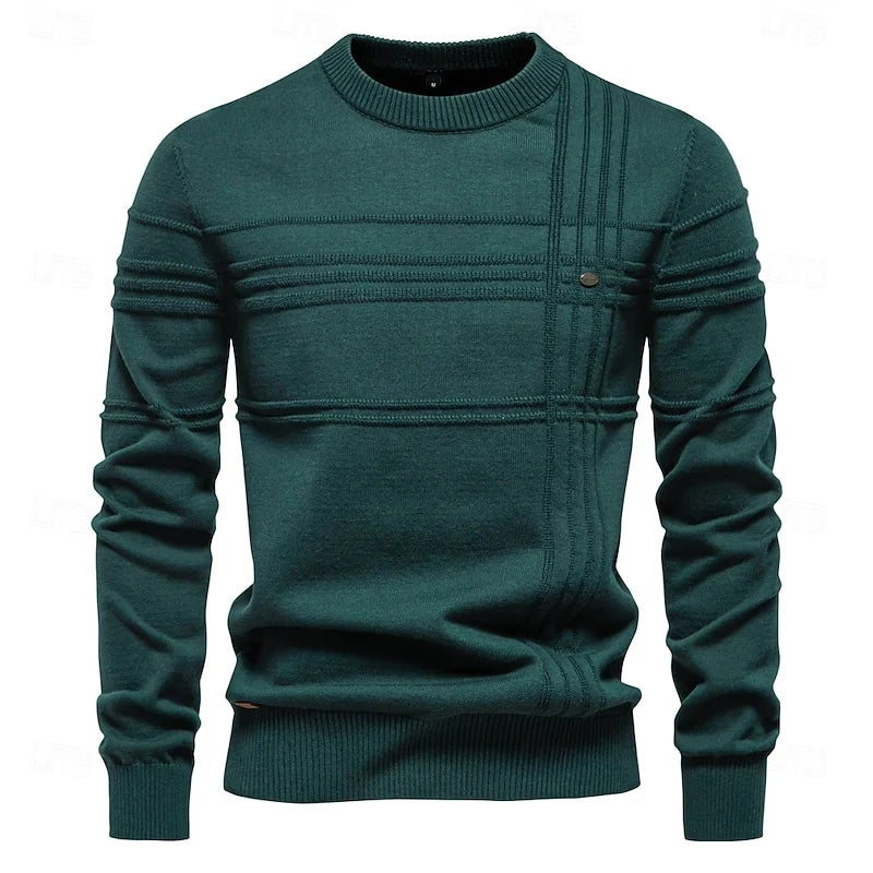 Men's green striped crewneck sweater with ribbed detail