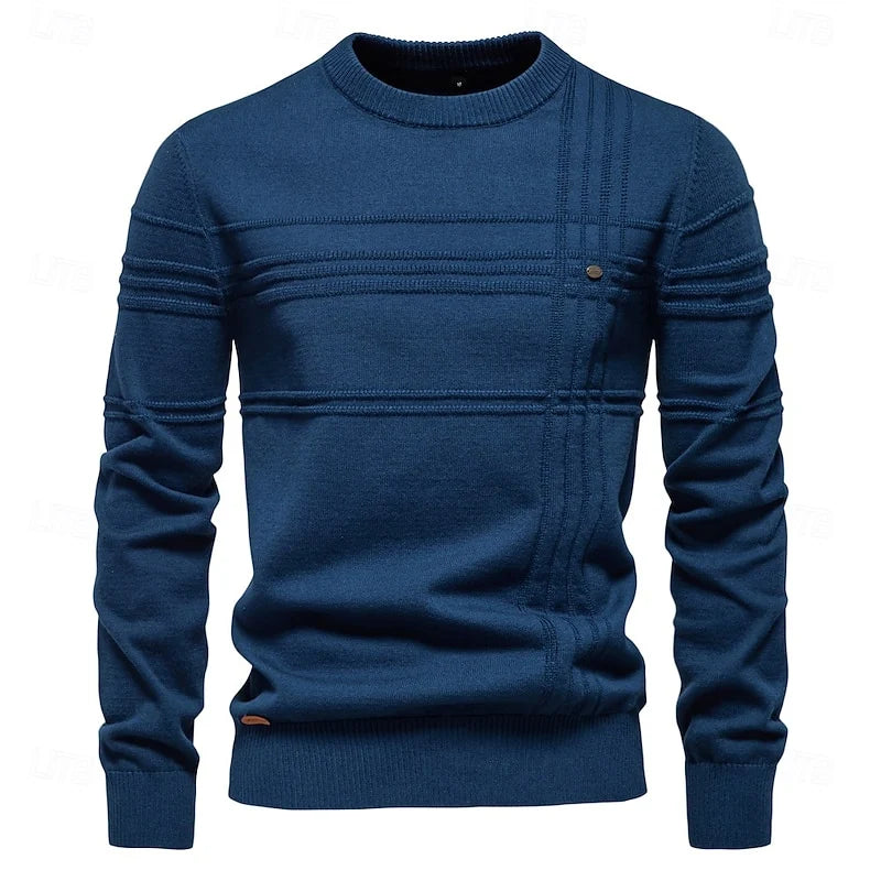 Men's blue striped crewneck sweater, ribbed knit detail