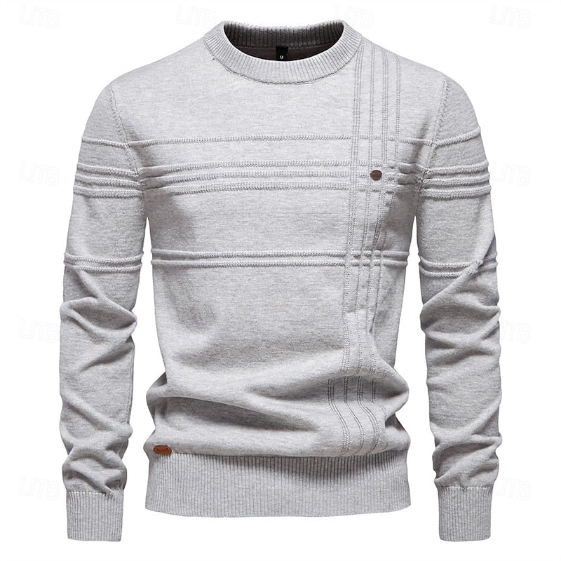 Men's light gray striped crewneck sweater with ribbed detail
