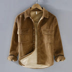 Men's khaki button-front shirt jacket with ribbed knit trim