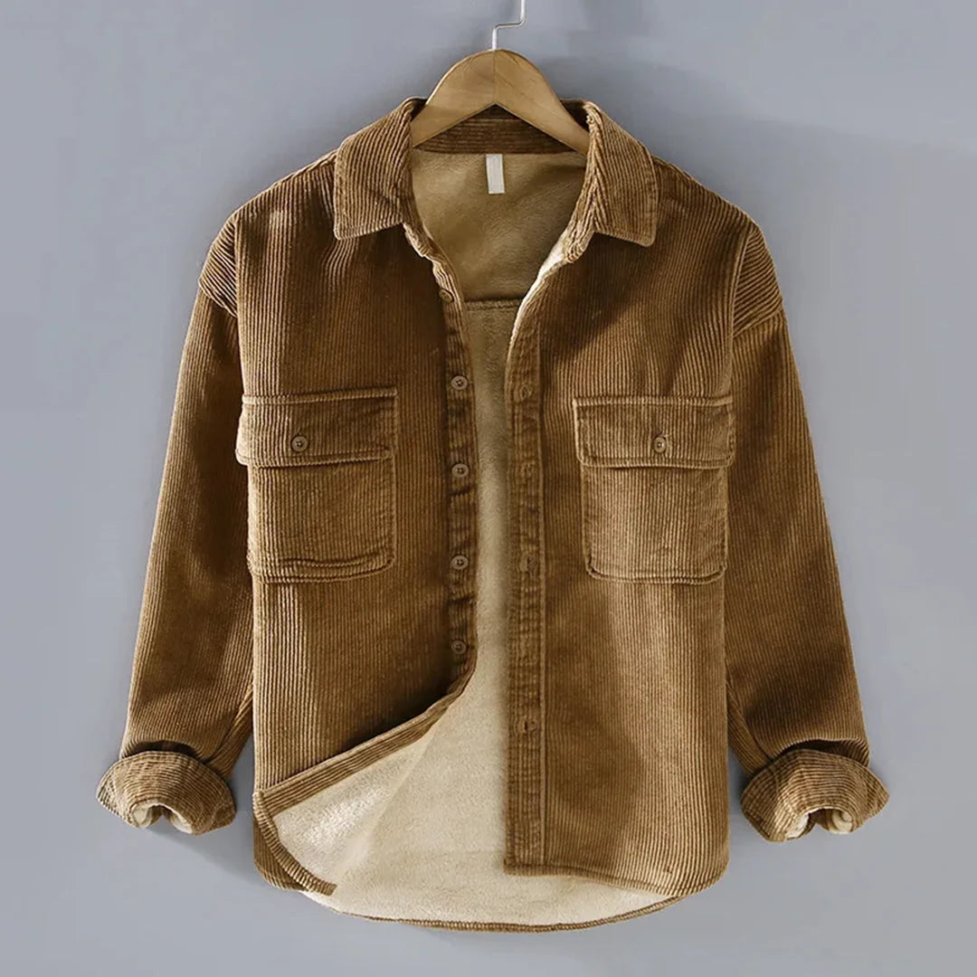 Men's khaki button-front shirt jacket with ribbed knit trim