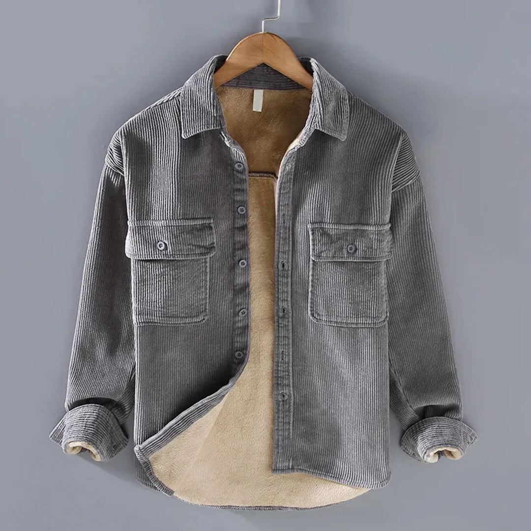 Men's gray button-front shirt jacket with ribbed knit trim