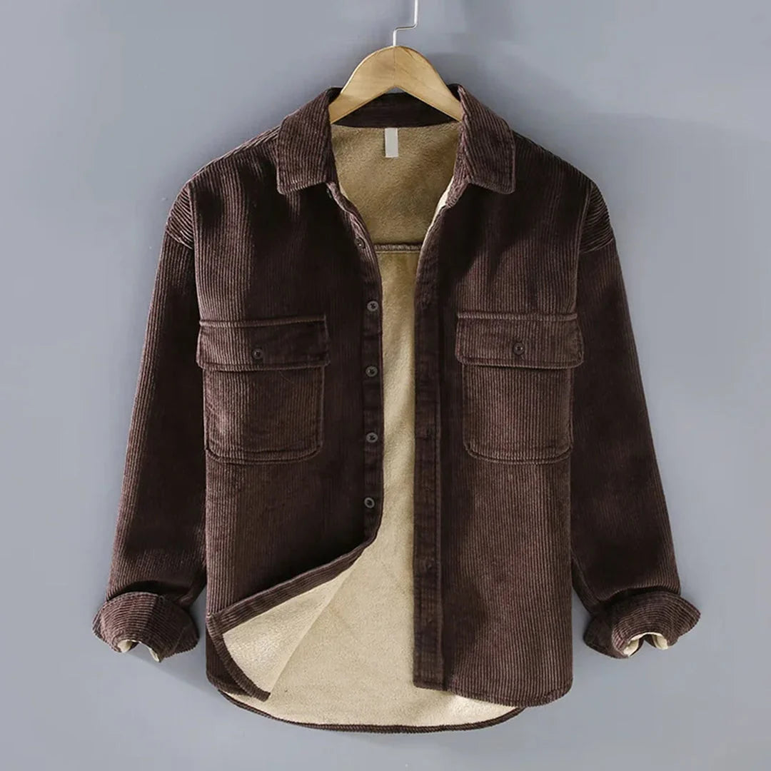 Men's brown button-front shirt jacket with ribbed knit trim
