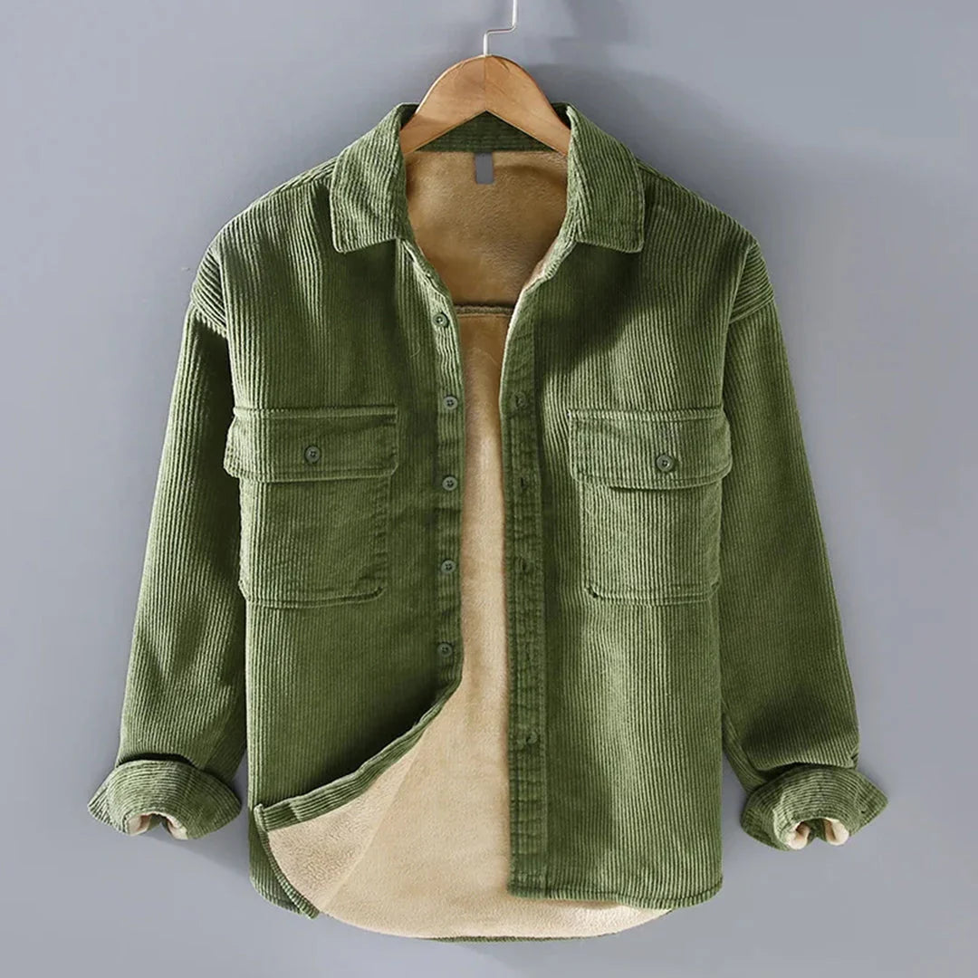 Men's green button-front shirt jacket with ribbed knit trim