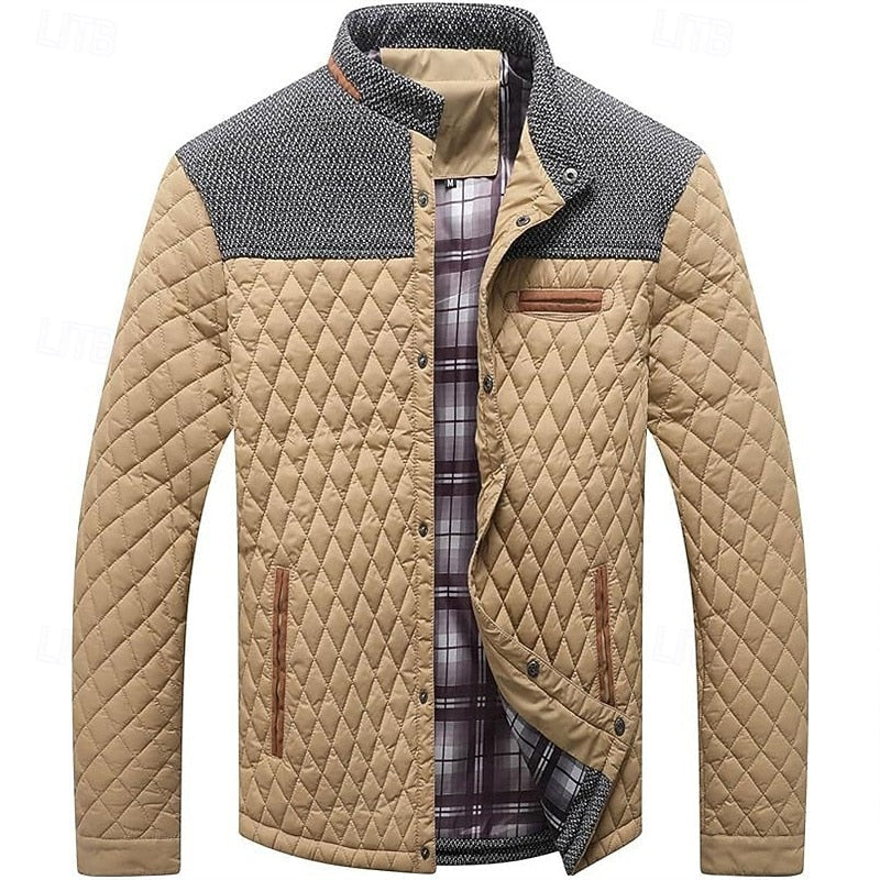 Men's khaki quilted Stand-Collar Jacket with Tweed Shoulder Patches