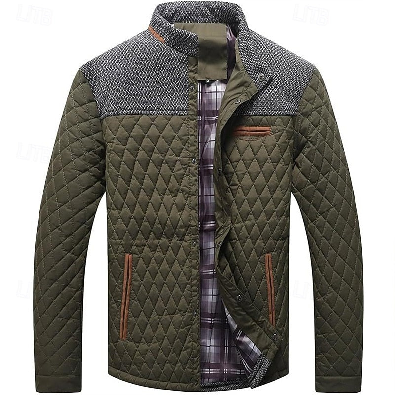Men's brown quilted Stand-Collar Jacket with Tweed Shoulder Patches