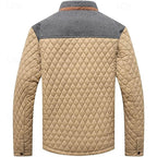 Men's navy blue quilted Stand-Collar Jacket with Tweed Shoulder Patches