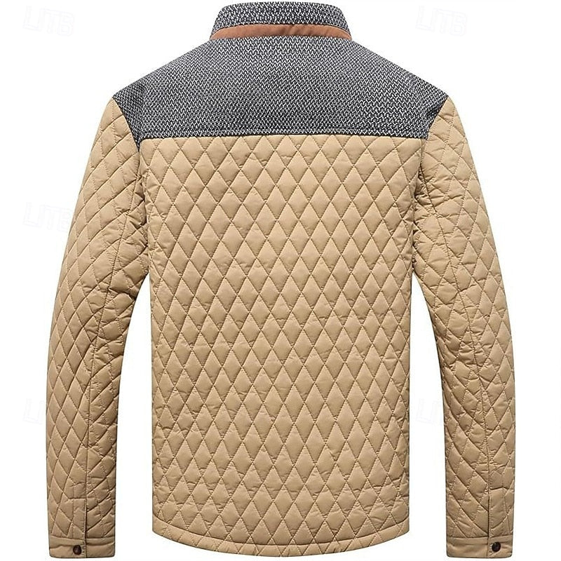 Men's navy blue quilted Stand-Collar Jacket with Tweed Shoulder Patches