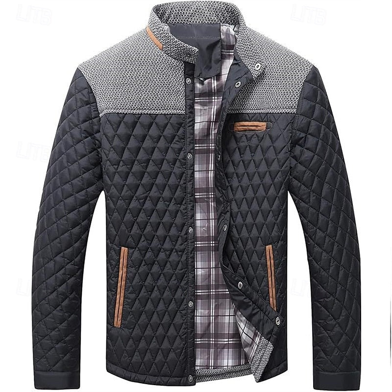 Men's wine quilted Stand-Collar Jacket with Tweed Shoulder Patches