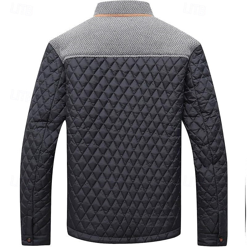 Men's army green quilted Stand-Collar Jacket with Tweed Shoulder Patches