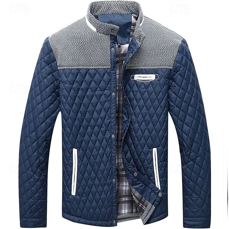 Men's brown quilted Stand-Collar Jacket with Tweed Shoulder Patches
